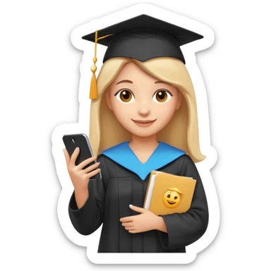 3D emoji style sticker, confident young woman, white background, smiling, standing upright, holding a smartphone and a document, relaxed and proud expression, student success vibe, soft lighting, minimalistic, clean astrology emoji style sticker