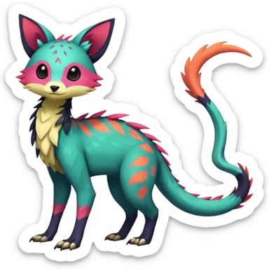 Rare realistic exotic edgy epic pretty beautiful handsome gorgeous aesthetic colorful vibrant Vernid-Trico-species-Fakemon-creature by LiLaiRa, 4 legs, 1 tail, random markings, (full body) sticker