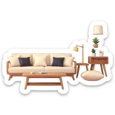 large open concept room with cream walls, wooden floor, cute decorative pillows, wooden furniture sticker