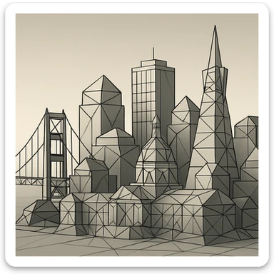 {
  "style_description": {
    "name": "Low Poly Wireframe",
    "overall_look": "Geometric abstraction with visible polygonal mesh edges and a minimal, digital aesthetic",
    "geometry": {
      "shape_type": "triangles and quadrilaterals forming faceted surfaces",
      "structure": "low-resolution polygon meshes with flat faces",
      "edge_visibility": "clear, sharp wireframe outlines around each polygon",
      "dimensionality": "3D-like forms created through flat shading and edge contours"
    },
    "linework": {
      "type": "thin or semi-bold outlines tracing all edges of the mesh",
      "style": "uniform or slightly stylized (e.g., dotted or glowing lines)",
      "color": "typically black, dark gray, or color-matched for contrast"
    },
    "color": {
      "application": "solid flat colors per polygon, without gradients",
      "palette_type": "limited, often monochromatic or with tonal variation per face",
      "highlighting": "minimal shading to emphasize surface depth without realism"
    },
    "lighting": {
      "approach": "ambient or directional lighting used sparingly to add dimension",
      "avoid": ["soft shadows", "complex reflections", "photorealism"]
    },
    "background": {
      "style": "plain or gradient backdrop to contrast mesh clarity",
      "consistency": "flat and neutral to preserve focus on wireframe structure"
    },
    "render_constraints": {
      "avoid": ["smooth surfaces", "rounded curves", "realistic textures"],
      "focus_on": ["polygon edges", "angular forms", "mesh clarity"]
    },
    "subject_treatment": {
      "representation": "simplified, stylized forms with clear geometry",
      "emphasis": "structure, volume through form and edge"
    }
  }
}

{subject} = san francisco sticker