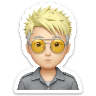 A japanese guy with white messy spiky hair circle sunglasses wearing a uniform gray and a yellow button on the top right of the uniform gray pants sticker