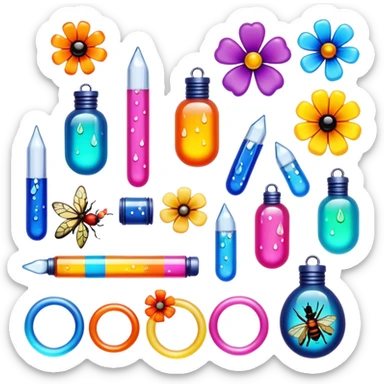 Create an icon that represents decorative arts using epoxy resin. The design should feature colorful tubes of resin, including fluorescent resin tubes, with visible drops or strokes of resin being applied to create intricate designs. Include finished resin jewelry pieces, such as pendants or rings, containing preserved flowers and insects encased in clear resin. The composition should feel vibrant, artistic, and delicate, showcasing the unique beauty of resin art with natural elements. The background should be transparent sticker