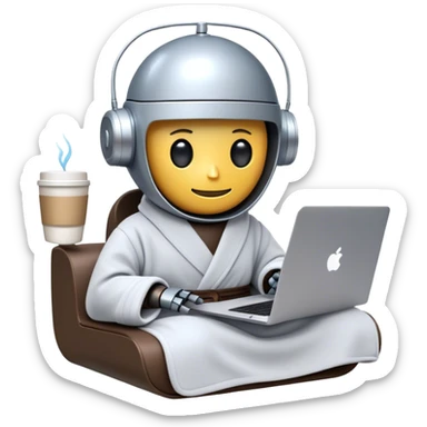 An emoji of a remote-working robot, sitting comfortably with coffee and laptop wrapped in a cozy bathrobe. The robot's head resembles a sleek, futuristic helmet with a smooth, reflective surface. Its eyes are not human-like but rather glowing digital slits or circular LED indicators. sticker