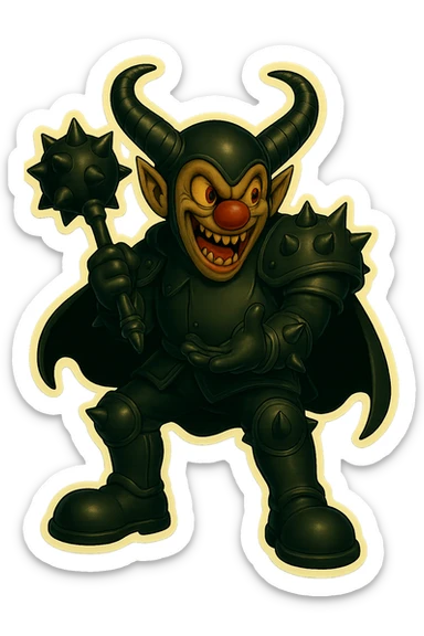 A menacing armored clown with ram horns, glossy black on matte black armor, short cape, large but not comically oversized black clown shoes, oversized spiked mace held loosely at his side, body language and posture casual and relaxed, not ready to attack. Spikes on knee, elbow, and shoulder armor. Glowing gold-red eyes, mouth open as if talking, gesturing with one hand, vibrant retro stickers style, no yellow aged tint, full body, transparent background. sticker