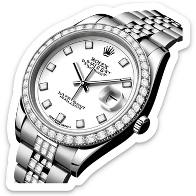 Crie um emoji com essas especificações: Um Rolex Datejust "Iced Out" prateado, totalmente coberto por diamantes na caixa, luneta e pulseira Jubilee. O mostrador possui fundo cravejado com diamantes (pavé), algarismos romanos pretos e lente de aumento na data. sticker