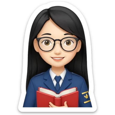 A student, asian girl, long black hair, wearing glasses, uniform, hold book in front of their chest sticker