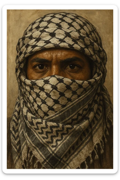 A brown man, only eyes showing, face wrapped in a Palestinian scarf (keffiyeh), traditional Palestinian style sticker