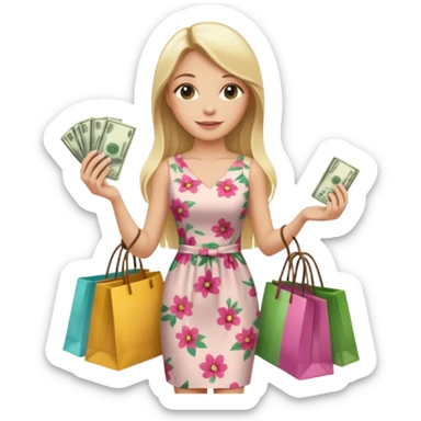 rich long straight hair blonde australian millionare woman holding a lot of money and shopping bags in both hands wearing cute floral dress sticker
