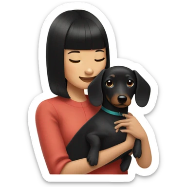 Asian woman with black neat bangs hugging black dachshund sticker