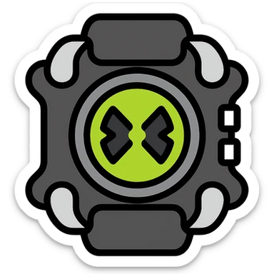 high-tech alien wrist device designed like a futuristic watch, main body black with metallic silver details, glowing neon green circular screen at center displaying unique alien symbol resembling double-headed arrow or X-shape, screen lights up when activated, otherworldly sci-fi feel, durable and advanced, space lab, modern color icon style sticker