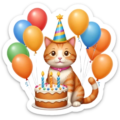 Ginger cat celebrates birthday, birthday hat, birthday cake, balloons, happy sticker