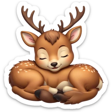 Meme-Worthy Cute Sleeping Deer Portrait Emoji, Head resting peacefully with a contented smile, showcasing a delicate, slender build and a luxuriously soft Fur, eyes shut in a serene, restful nap, Simplified yet hilariously adorable features, highly detailed, glowing with a soft, drowsy light, high shine, relaxed and utterly lovable, stylized with an air of playful laziness, bright and heartwarming, soft glowing outline, capturing the essence of a comically sleepy deer, so meme-worthy it feels like it could instantly become the next viral sensation of adorable woodland slumber! sticker