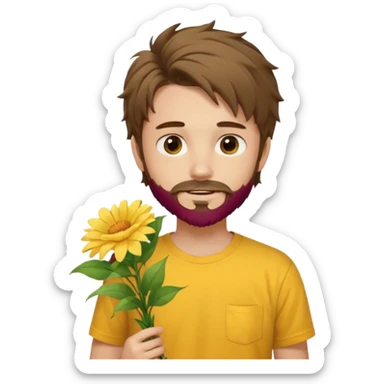 generate an ios genmoji of a 20 year old fair boy with brown long and messy hair with goattee beard on cheeks. carrying a flower bouquet, wearing a yellow tshirt, looking shy.  sticker