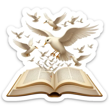 Icon for Poetry Reading: an open book with flowing verses, with pages transforming into a flock of white birds flying away. The icon should evoke the beauty, freedom, and emotional depth of poetry. Transparent background. sticker