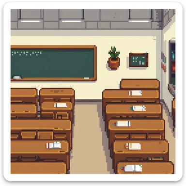 classroom scene with many students and a teacher in pixel art style sticker