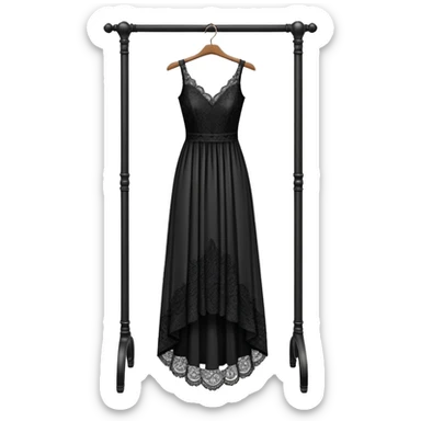 clothing rack with an elegant black dress hanging on it sticker