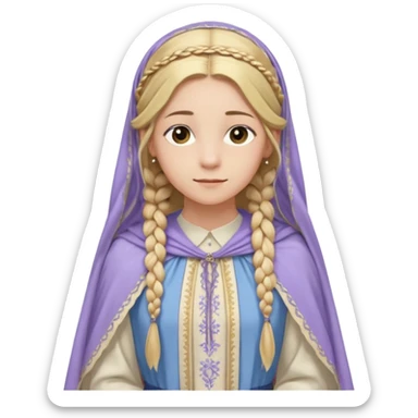 Joven de unos 20 años, de aspecto dulce y elegante.
Piel clara, ojosy expresivos, sonrisa triste.
Rubio o castaño claro, largo, con trenzas o velo.
-Vestido largo de tonos suaves (blanco, azul o lavanda), con bordados dorados; un manto o toca fina cubriendo la cabeza. de cuerpo entero  sticker