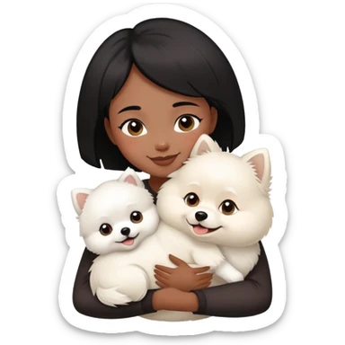 A black short-haired girl happily hugs a white Pomeranian sticker