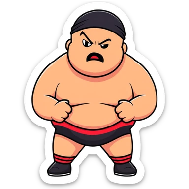 Close-up of white skin fat guy with prominent black durag, completely shaved face, no beard or mustache, black eyes in a red and black wrestling singlet with angry face sticker