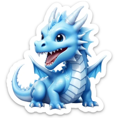 Cinematic Cute Yawning Beautiful Ice Dragon Portrait Emoji, Head tilted slightly with a dramatic, wide-open yawn, revealing a softly crystalline body with subtly drooping, frost-laden scales in cool blues and silvery hues, each detail rendered with natural icy finesse; high shine, relaxed yet elegant, styled with a dash of enchanted winter charm, soft glowing outline, capturing the essence of a sleepy yet graceful ice drake ready to stretch out and melt into a serene, frozen slumber! sticker