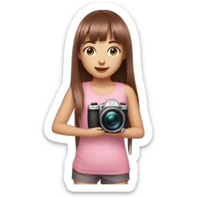 cute girl with dark brown eyes and long, straight rose hair with fringe and holding camera and wearing pink tank top sticker
