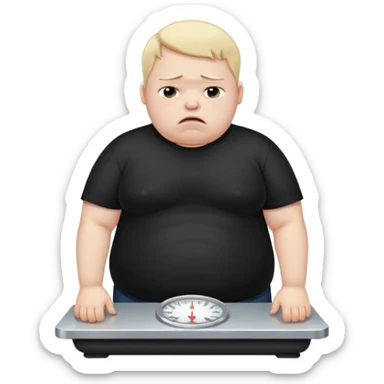 sad fat young boy in black t shirt crying on weight scale  sticker