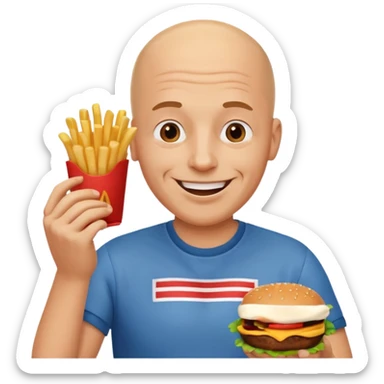 Bald headed man eating a hamburger and French fries smiling  sticker