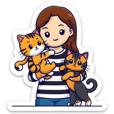 tan girl with long brown hair holding two cats, one black cat and one grey-striped cat sticker
