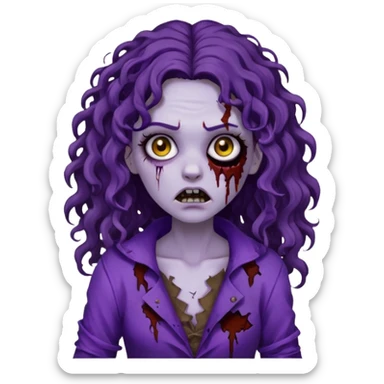 Zombie woman with curly, dark brown long hair (not thick or voluminous) wearing a ruined purple outfit.  sticker