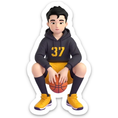 boy kid sitting with knees up, black hoodie with hood off, smirking, black crew socks, messy black hair, black basketball shorts, yellow skin sticker