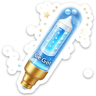 Slim blue Differin Gel tube with white cap and golden glow around the “GEL” label. Floating in a soft blue aura with tiny glowing stars and clear orbs spiraling upward. Emits a focused beam of clarity magic, like a blemish-banishing spell sealed in a sleek, futuristic wand. sticker