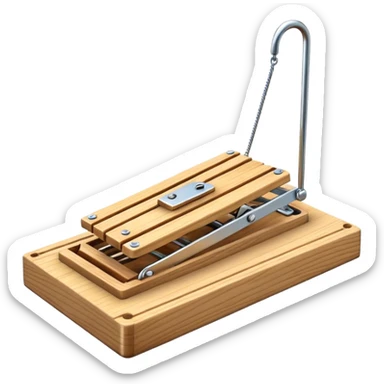 A 3D emoji in iOS emoji aesthetic style of a classic mousetrap without cheese, showing a wooden base and metal spring mechanism, clean minimal design, bright lighting, glossy Apple-style look, white background. sticker