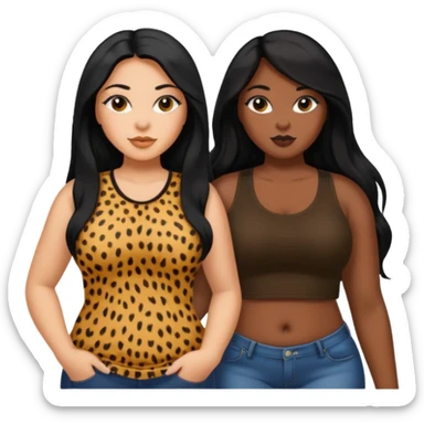Tan Latina woman with long black hair chubby and black dark skinned woman with long blonde hair slim thick in cheetah top sexy sticker