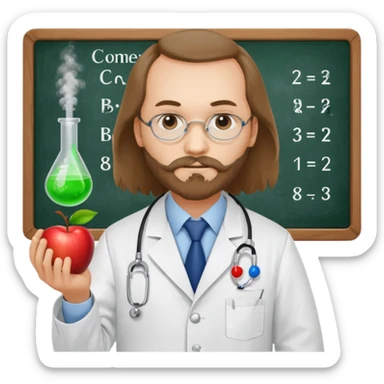 Mendeleev in a laboratory coat with a pointer at a board with chemical formulas, apple emoji style sticker