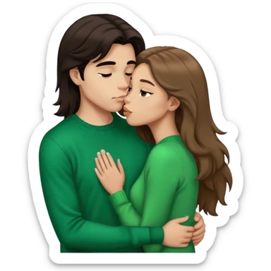 Young guy skin and with black slightly long hair kissing a young woman with brown hair and  green sweater with the emoji made s there is no part that is cut off sticker
