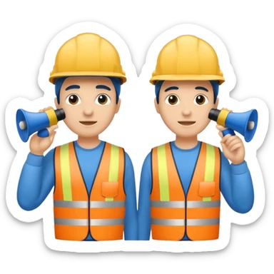 Duas pessoas com capacete de obras azul e um megafone na mão sticker
