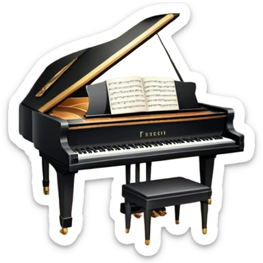 Icon for Musical Theater: a stage with a grand piano, musical notes, a spotlight, and theatrical curtains. The icon should represent the fusion of music and theater, with emphasis on performance and orchestration. Transparent background. sticker