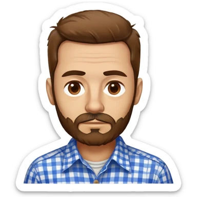 Skinny Puerto Rican man in his mid-50s with light skin. Thin face with defined features. Messy, disheveled brown hair. Untidy brown beard. Wearing a blue and white checkered button-up shirt that looks loose on his slim frame. sticker