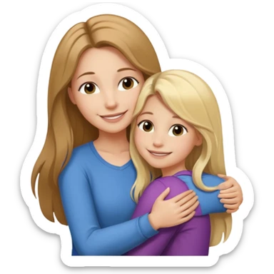A beautiful mother with long brown hair hugging her cute 12yr old blonde hair daughter super happy sticker