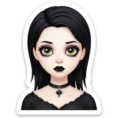 black goth with pale skin, dark makeup, black hair sticker