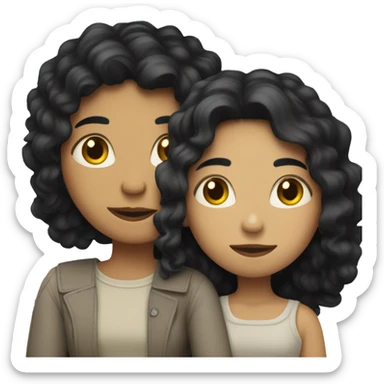 A lesbian couple that both have white skin and long black hair are hugging intimately, and romantically. sticker