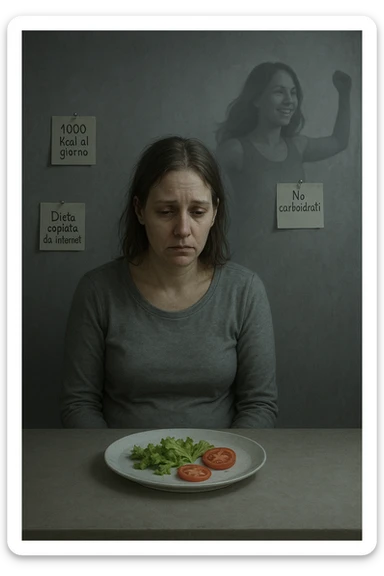 Donna tra i 30 e i 40 anni seduta a tavola, davanti a un piatto quasi vuoto con solo insalata e due fette di pomodoro. Il suo volto è visibilmente triste, stanco, con occhi spenti. Intorno a lei, foglietti attaccati con scritte come '1000 kcal al giorno', 'No carboidrati', 'Dieta copiata da internet'. L’atmosfera è fredda, grigia, priva di energia. Il suo corpo appare spento e scarico. Sullo sfondo, la sagoma di sé stessa più felice e piena di vitalità, come ricordo di un approccio migliore mai seguito. Stile realistico e simbolico sticker