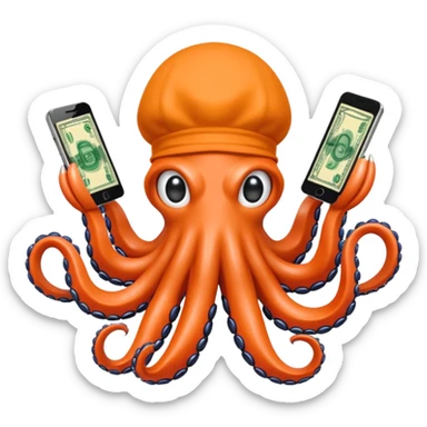 Intimidating octopus with pearl black skin, neon peach colored suction cups. Violent looking octopus is wearing a white balaclava and thick shiny gold necklace. 2 tentacles are holding their own cellphone, 2 more tentacles are holding stacks of money. sticker