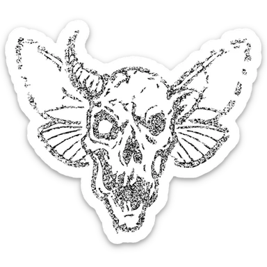 detailed red line art of nightmarish minotaur-stoat hybrid skull with broken horn and glowing eye, with moth wings, featuring mostly empty transparent center with detailed elements concentrated around the edges, heavily weathered perimeter with deliberate damage, hollow middle, twisted features, 100% red sticker