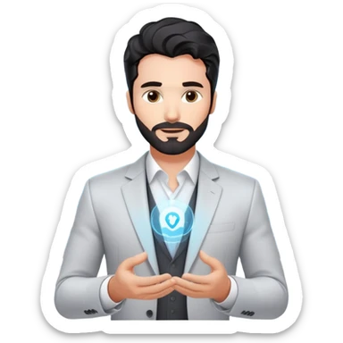Professional 35-year-old man with black wavy hair, stubble, strong jawline, white skin tone, wearing smart casual business attire, interacting with holographic digital display, surrounded by tech elements, innovative business strategist sticker