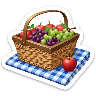 A picnic basket was filled with fruit, placed on a blue and white checkered picnic blanket, and topped with a blue ribbon. sticker