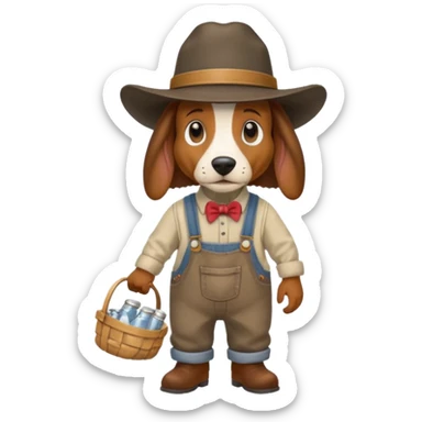 toothless hillbilly basset hound wearing a stetson and dungarees carrying moonshine sticker