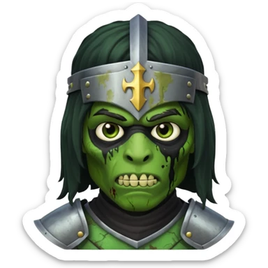 A black male with long black rough hair wearing a knight helmet with green zombie skin sticker