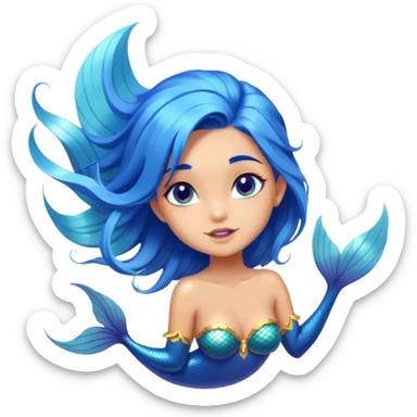 Cinematic Realistic Blue Hair Mermaid Portrait, head tilted playfully and inquisitively, showcasing a delicate, tropical form with finely detailed, flowing blue hair contrasting beautifully against her sun-kissed tanned skin. Her bright, curious eyes sparkle like sea gems under warm filtered light, rendered with lifelike clarity and soft underwater illumination—capturing the essence of a spirited mermaid poised to dance playfully amidst coral reefs. sticker