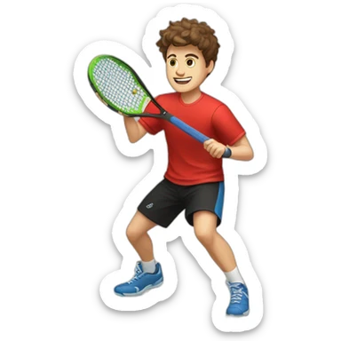 Young guy with brown hair playing pickleball full body red shirt black shorts solid black paddle sticker